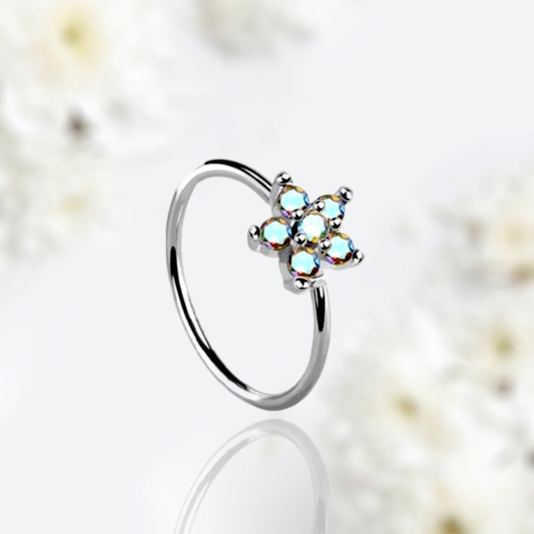 20G Silver Multicolor Gems Flower Top Bendable Nose Hoop. Cartilage Hoop. Nose Ring. Nose Piercing.