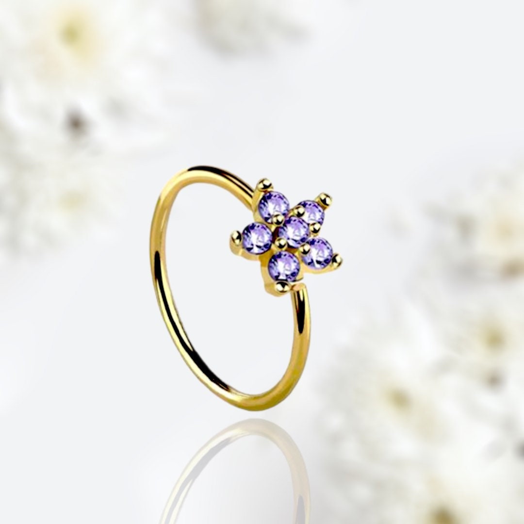 20G Gold Purple Gems Flower Top Bendable Nose Hoop. Cartilage Hoop. Nose Ring. Nose Piercing.