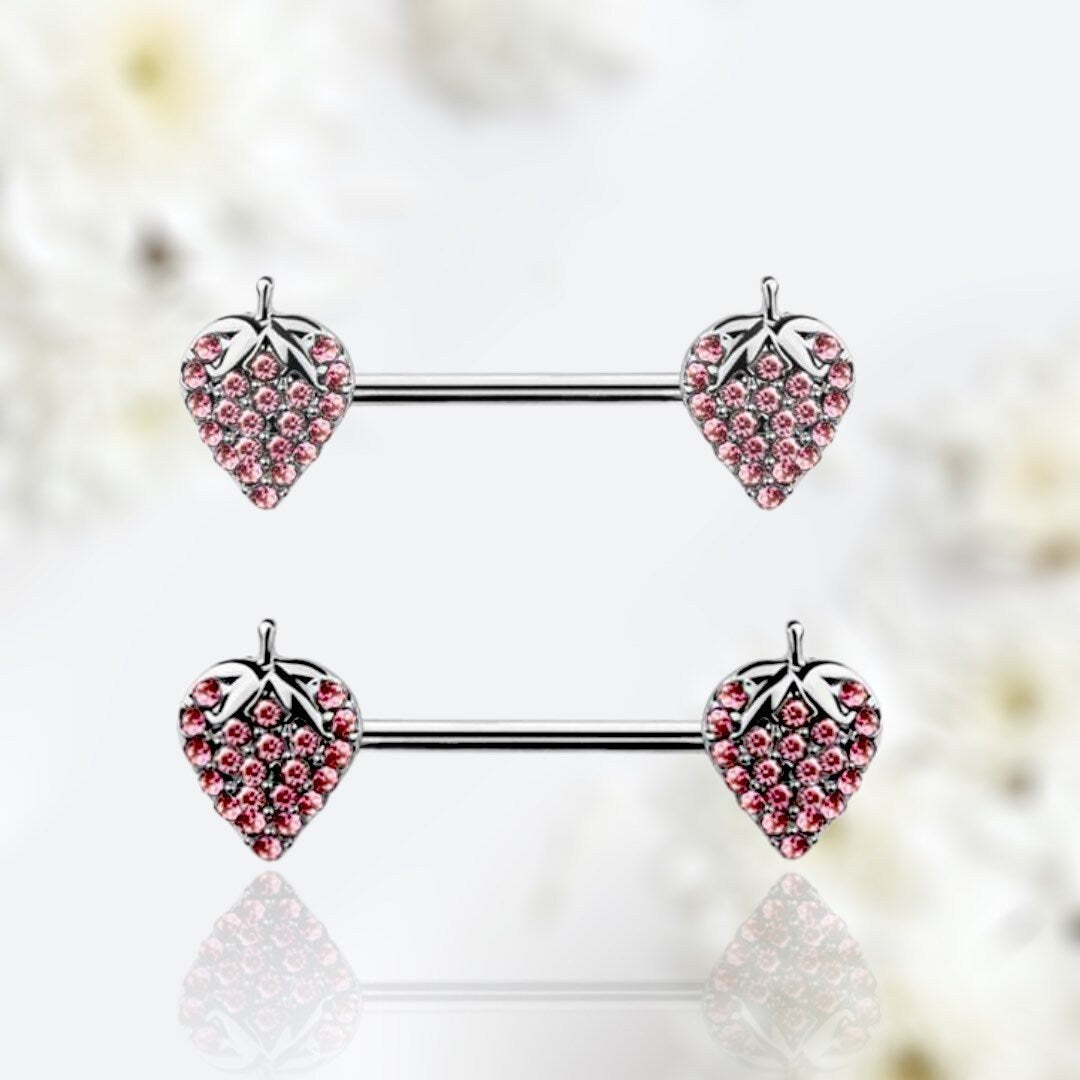 Pair of 14G Silver Pink Gems Strawberry Ends Nipple Barbell.