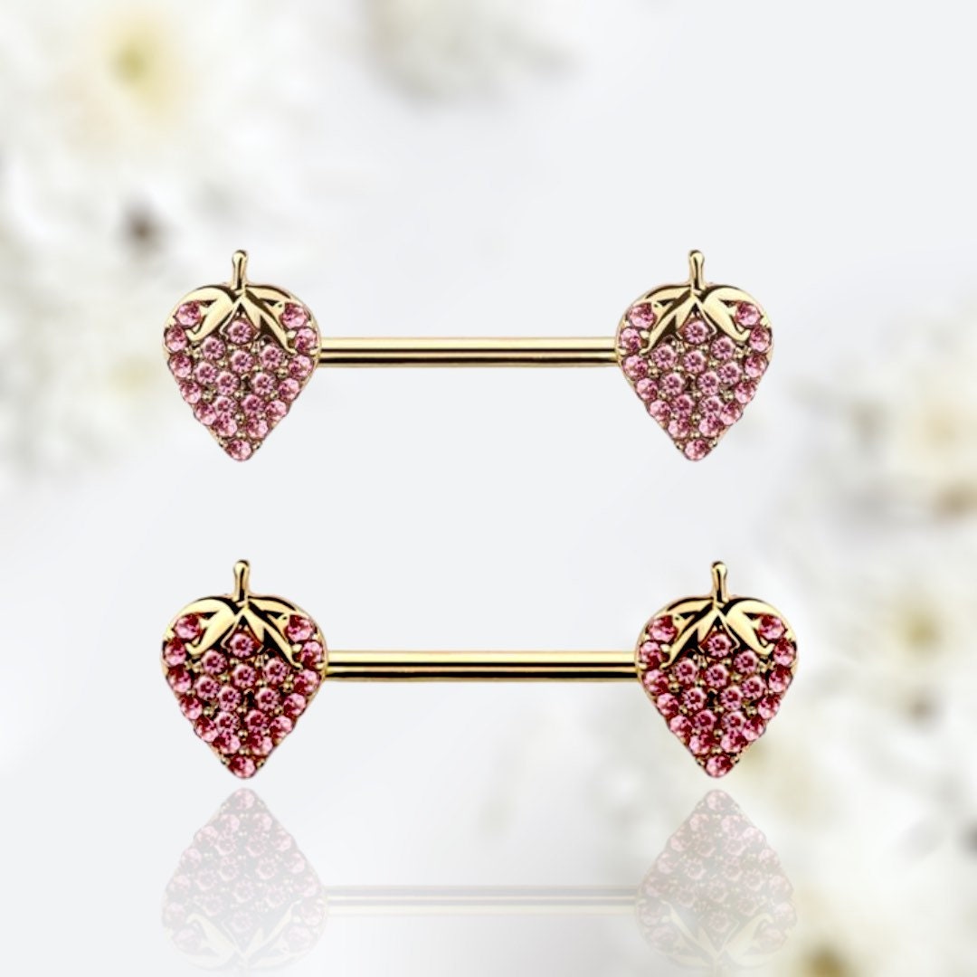 Pair of 14G Gold Pink Gems Strawberry Ends Nipple Barbell.