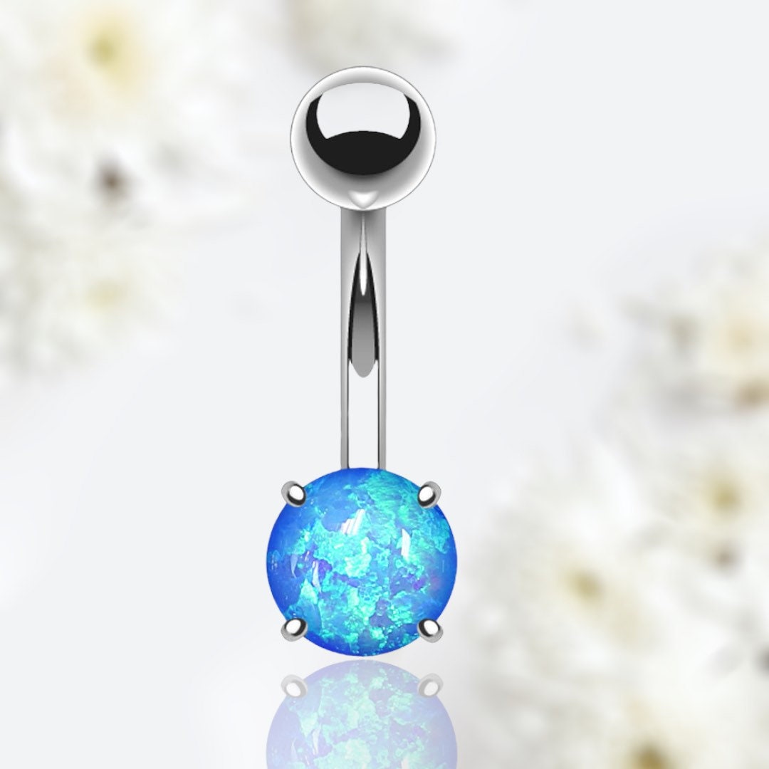 14G Silver Minimalist Dainty Blue Opal Belly Button Ring