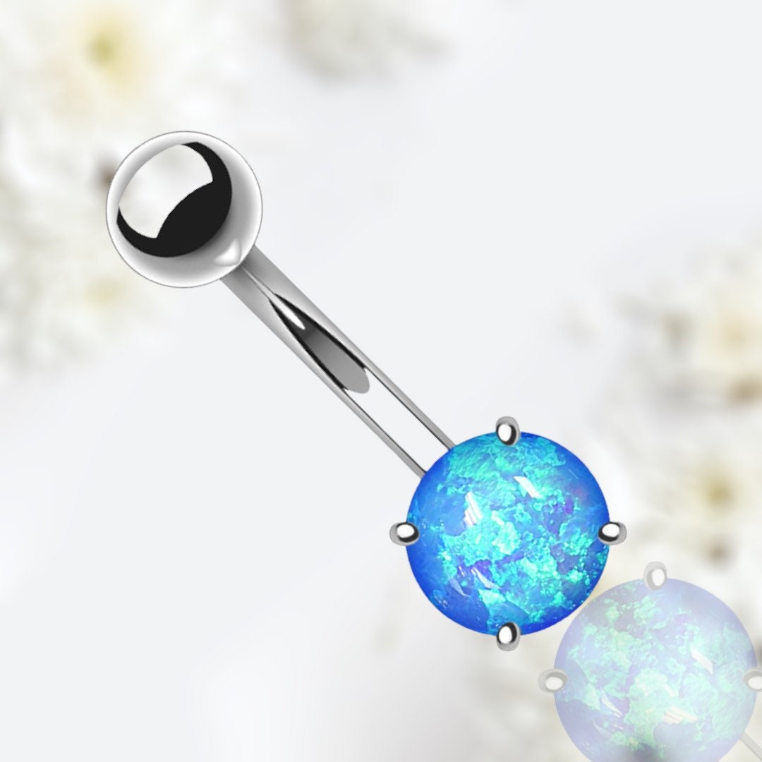 14G Silver Minimalist Dainty Blue Opal Belly Button Ring