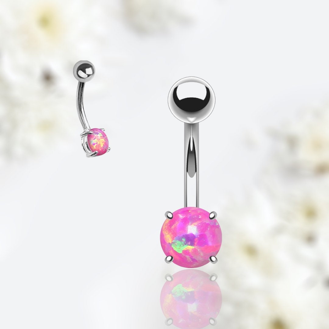 14G Silver Minimalist Dainty Pink Opal Belly Button Ring