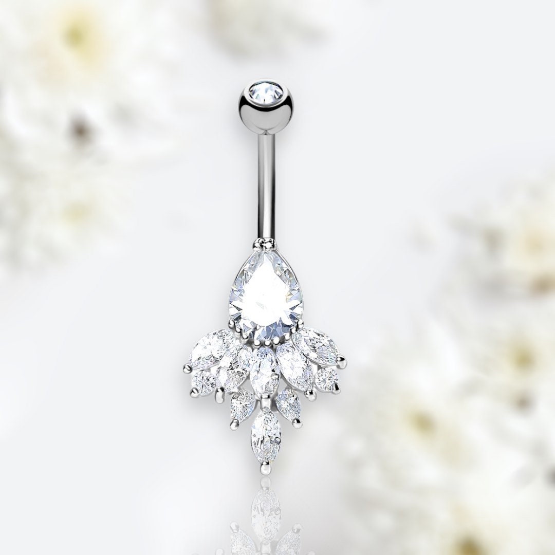 14G Silver Teardrop and Sparkling Marquise Gems Belly Button Ring