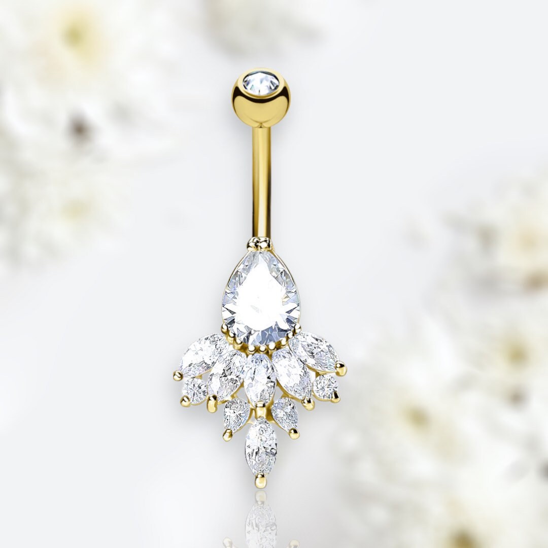 14G Gold Teardrop Marquise Gem Belly Button Ring