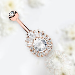 14G Rose Gold Round Center Gem and Square Gems Belly Button Ring