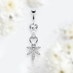 14G Silver Dangling Heart and Clear Gem Marijuana Leaf Belly Button Ring