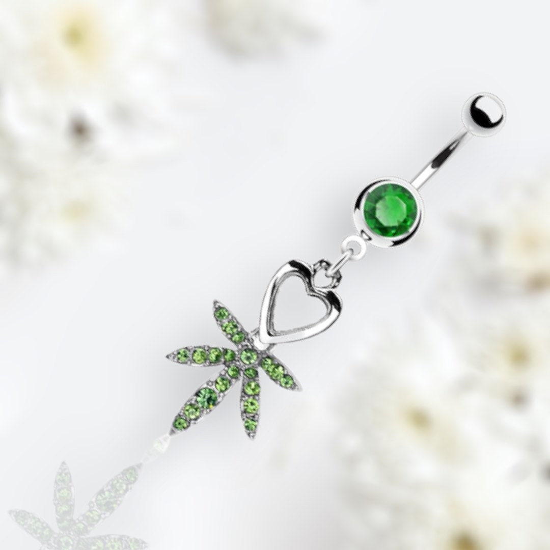 14G Silver Dangling Heart and Green Gems Marijuana Leaf Belly Button Ring