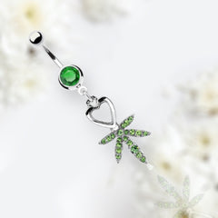 14G Silver Dangling Heart and Green Gems Marijuana Leaf Belly Button Ring