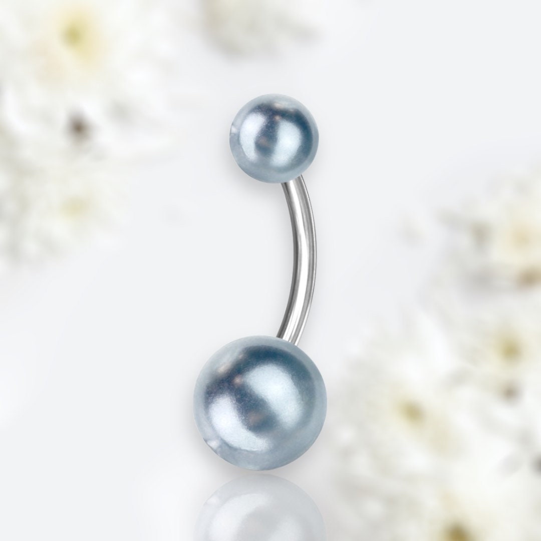 14G Silver Light Blue Pearl Texture Basic Belly Button Ring