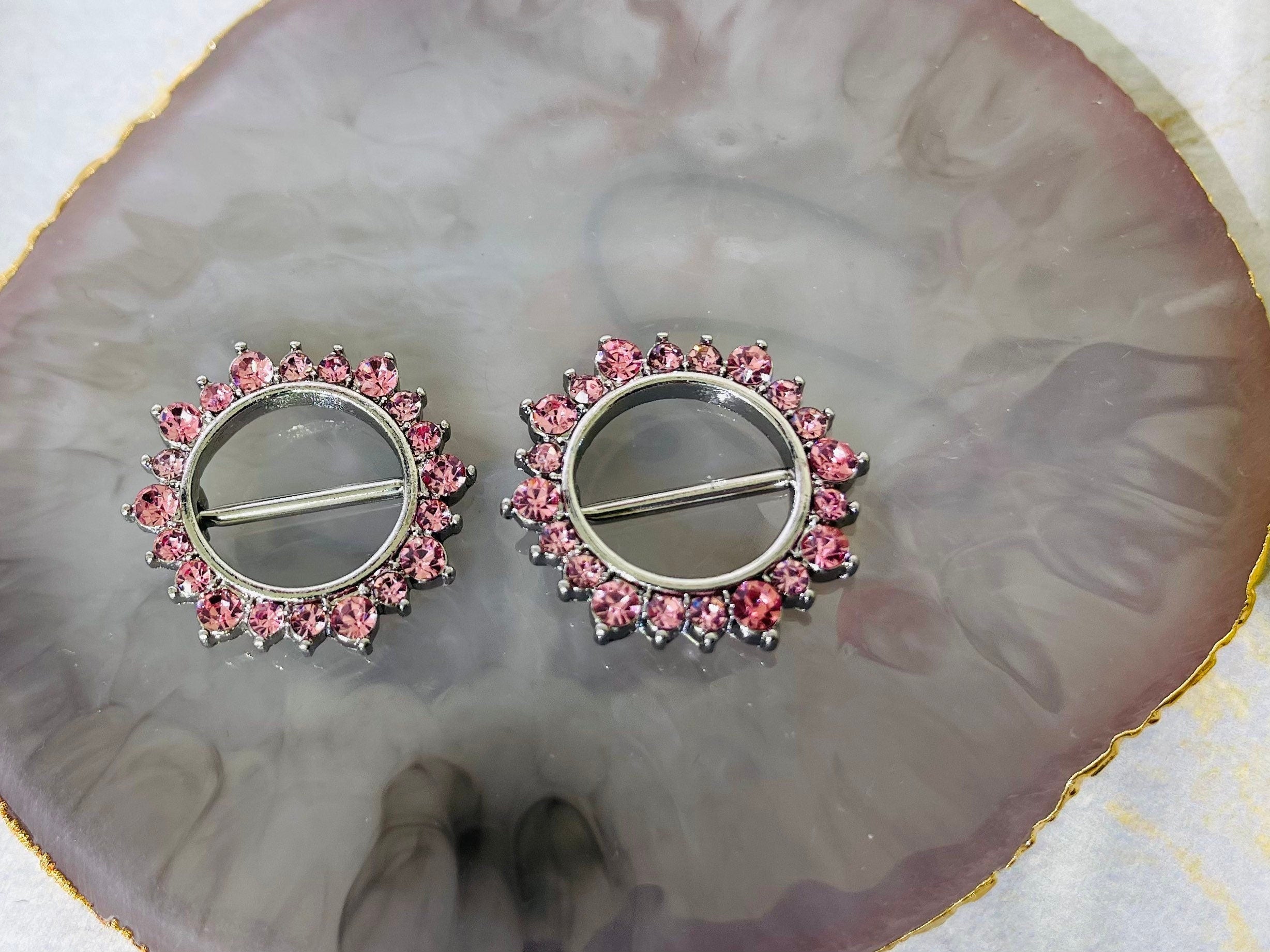 Pair of 14G Silver & Pink Stones Sunburst Nipple Clicker. Nipple Rings. Nipple Clicker. Nipple Piercing. Nipple Jewelry