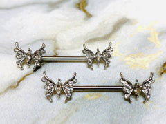 14G Silver Butterfly with Marquise Center Stone Nipple Barbells. Nipple Piercings. Nipple Rings. Nipple Jewelry