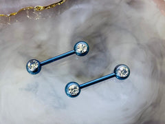 14G Blue Barbell Clear Gems Nipple Barbell. Nipple Jewelry. Nipple Piercing.