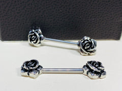 14G Classic Vintage Silver Rose Flower Nipple Barbell. Nipple Piercings. Nipple Rings. Nipple Jewelry