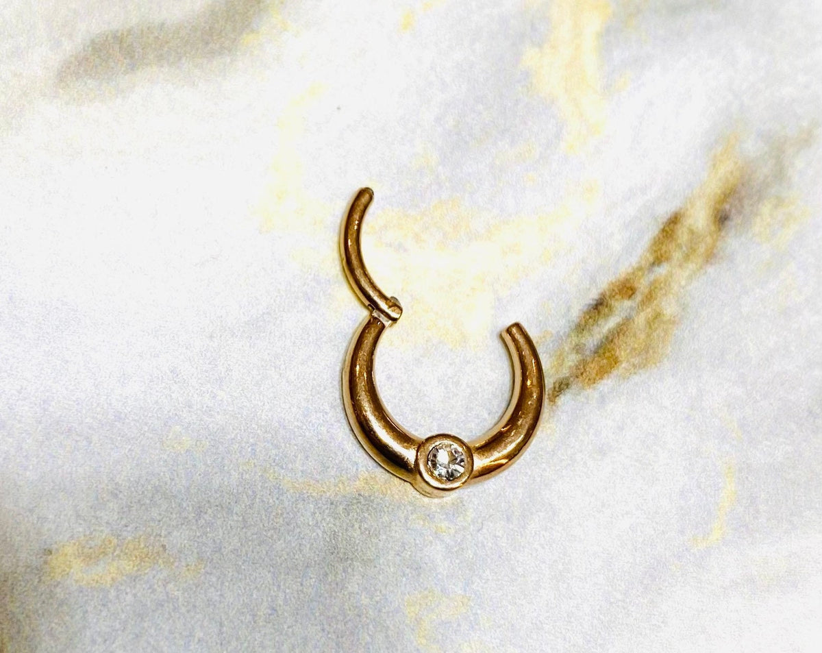 16G Rose Gold Clear Center Stone Hinged Clicker Hoop for Septum, Cartlilage, Tragus & More..