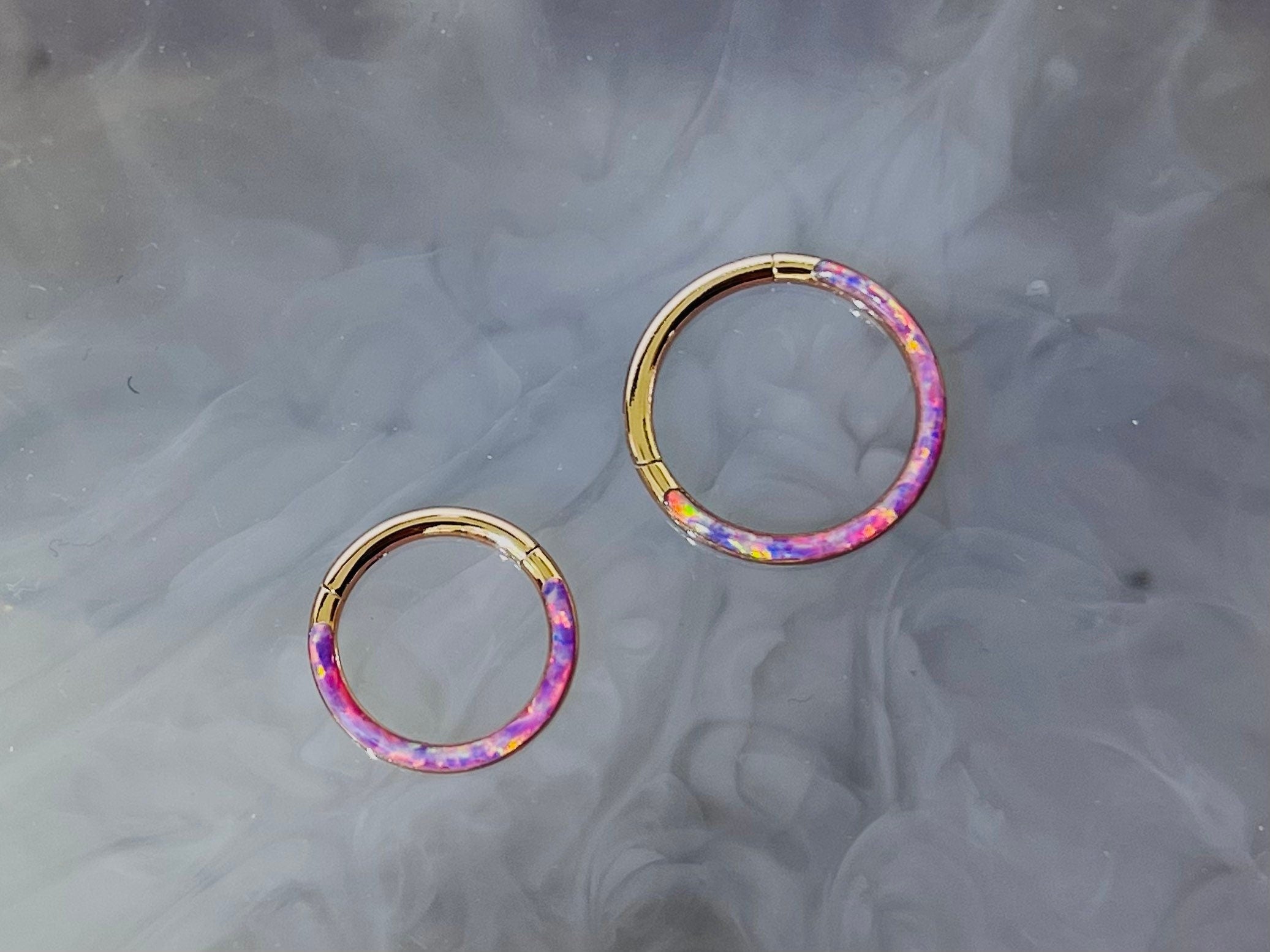 16G Surgical Steel Rose Gold Pink Opal Inlay Front Facing 10MM/8MM Septum Clicker Ring. Septum Piercing. Septum Ring. Nose Ring.