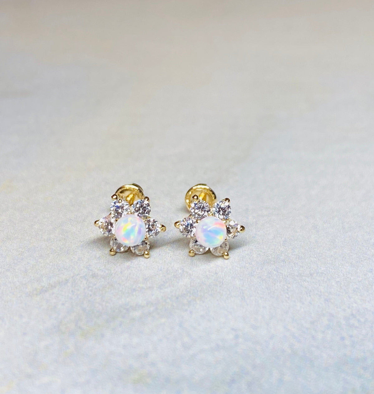 14K Real Gold Opal Centered Clear Stone Flower Screw Back Earrings. 14K Gold. 14K Gold Earrings.