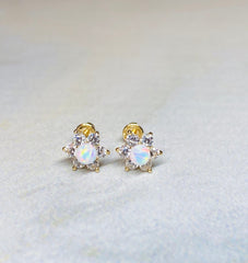 14K Real Gold Opal Centered Clear Stone Flower Screw Back Earrings. 14K Gold. 14K Gold Earrings.