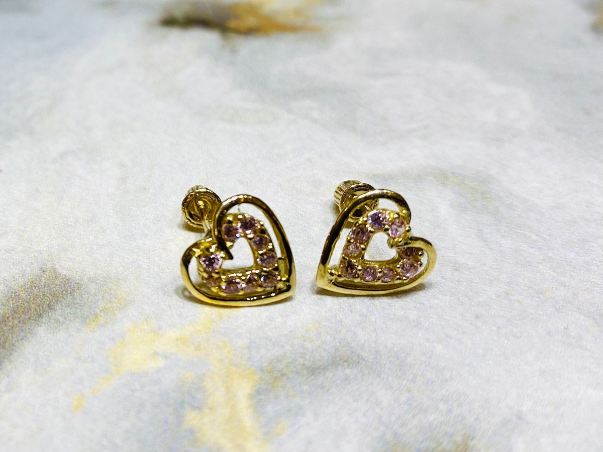 Dainty 14K Real Gold Pink Heart in Heart with Clear Gems Screw Back Earrings. 14K Gold Earrings. Screw Back Earrings.