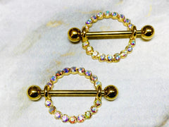 Pair of 14G Multicolored Crystals Orbital Nipple Shields. Nipple Rings. Nipple Jewelry. Nipple Piercings.