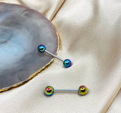 Pair of 14G Metallic Coated Shiny Rainbow Ball Ends Nipple Barbells. Nipple Piercing. Nipple Rings. Nipple Jewelry.