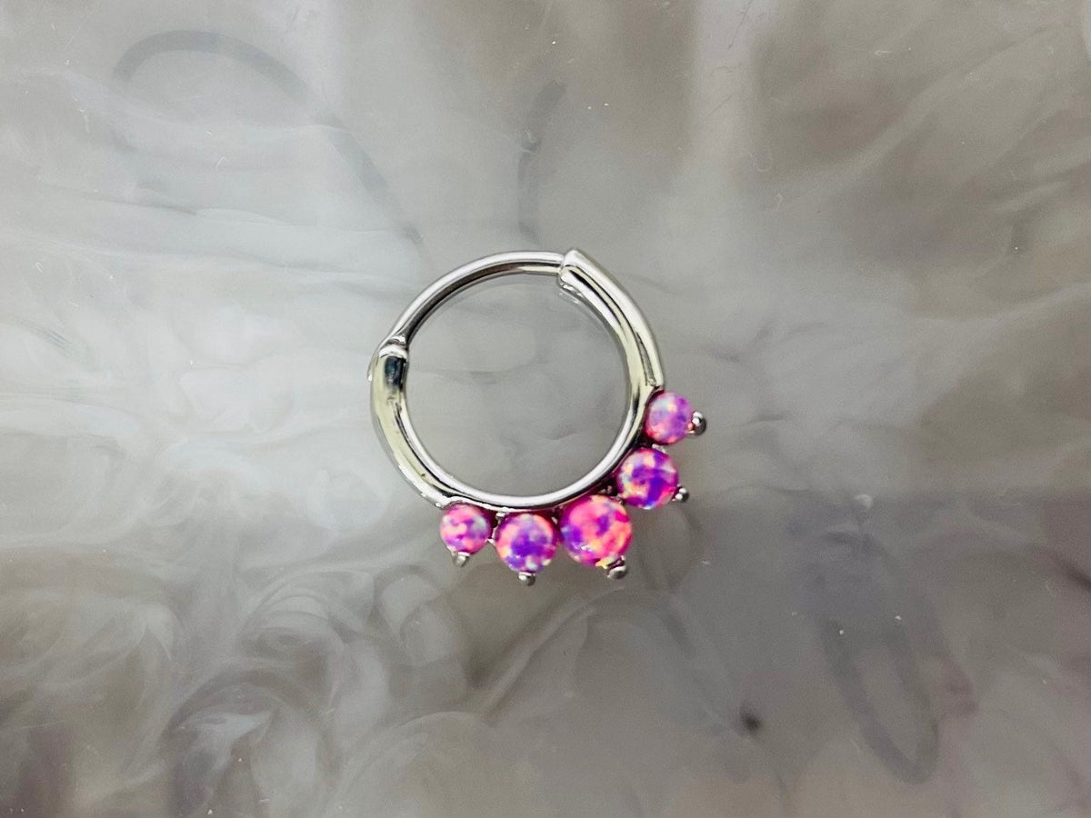 16G Silver Round Pink Opal Center Hinged Septum Clicker Ring