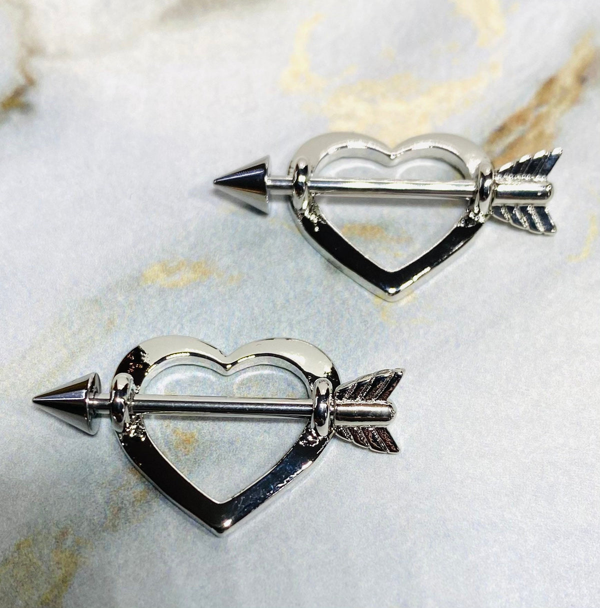 Pair of 14G Silver Cupid Heart Nipple Shield Barbells. Nipple Piercings. Nipple Jewelry. Nipple Rings.