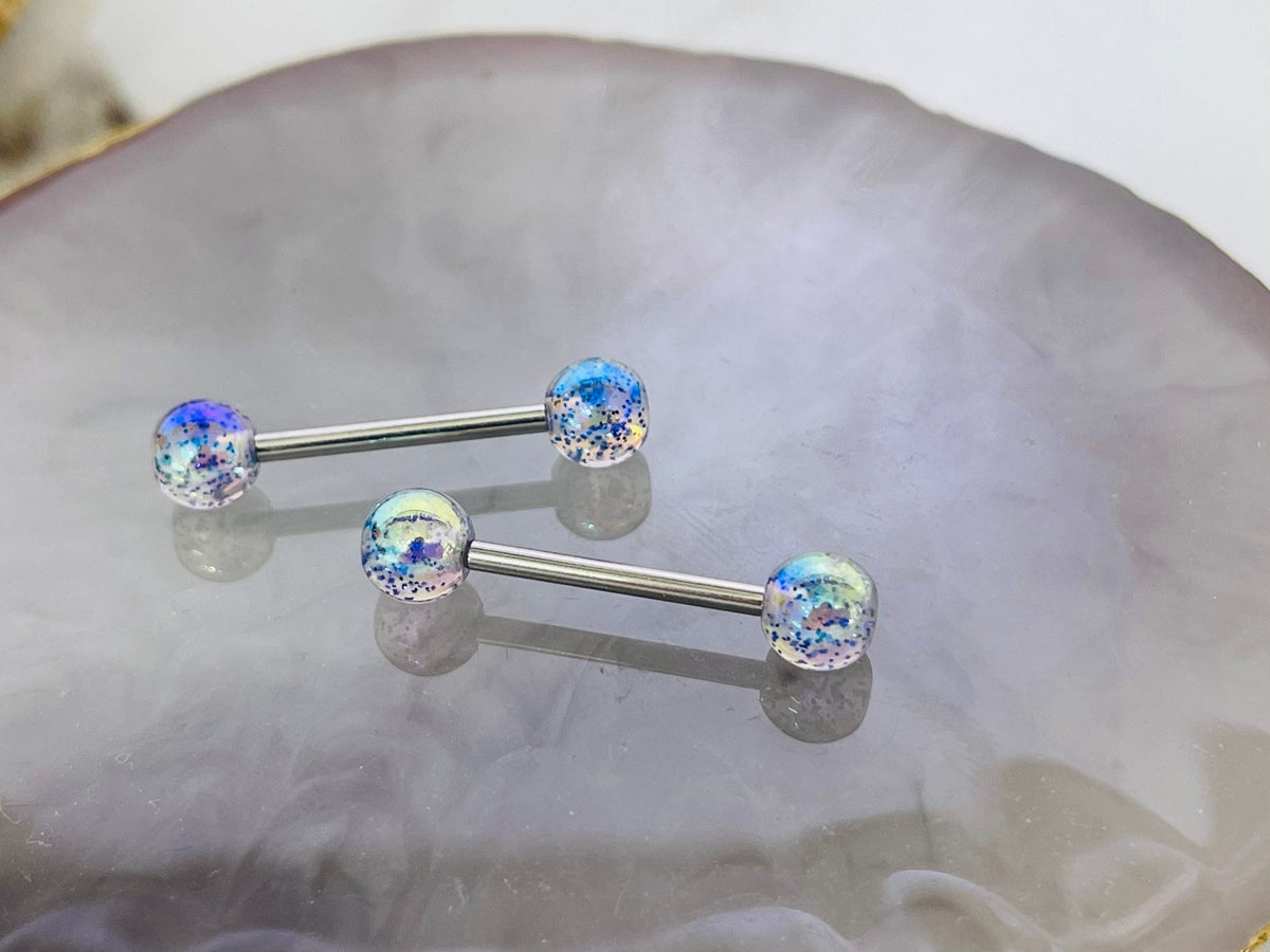 Pair of 14G Rainbow Iridescent Glitter Acrylic Ball Ends Nipple Barbells. Nipple Rings. Nipple Piercing. Nipple Jewelry.