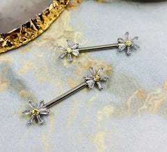 Pair of 14G Silver Daisy Flower Nipple Barbells . Nipple Piercing. Nipple Jewelry.