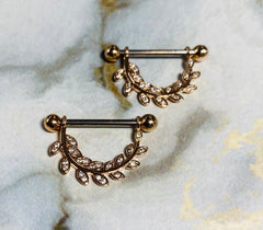 14G Rose Gold Sparkling Paved Stone Hanging Leaves Nipple Barbells. Nipple Piercings. Nipple Jewelry. Nipple Rings.