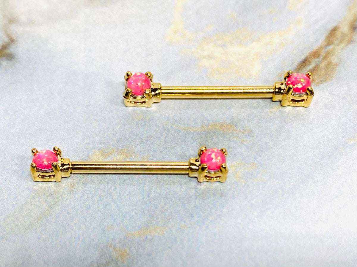 Pair of 14G Gold Pink Opal Glitter Nipple Barbells. Nipple Piercings. Nipple Rings. Nipple Jewelry. Gift for Her