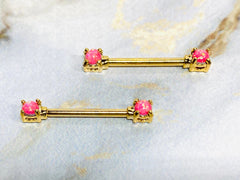 Pair of 14G Gold Pink Opal Glitter Nipple Barbells. Nipple Piercings. Nipple Rings. Nipple Jewelry. Gift for Her