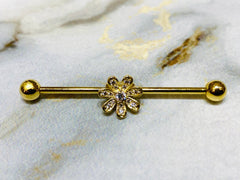 14G Gold Clear Crystals Paved Flower 38MM Industrial Barbell. Industrial Piercing. Ear Barbells