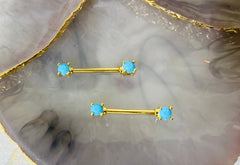 Pair of 14G Gold Turquoise Nipple Barbell. Nipple Rings. Nipple Piercing. Nipple Jewelry. Body Jewelry. Body Piercing.