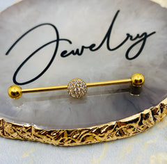 14G Gold Round Multi Paved CZ's 38MM Length Industrial Barbell.