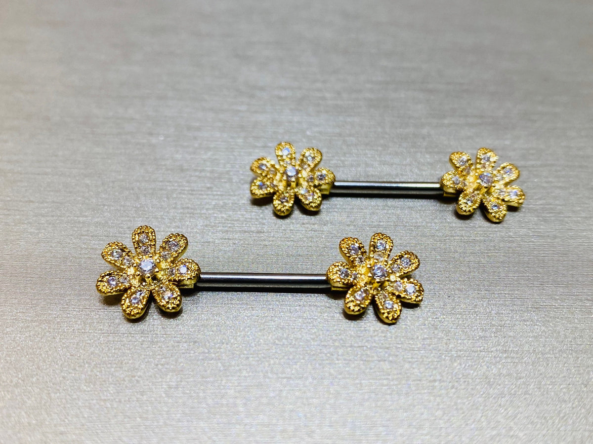 14G Dainty Gold Flower Nipple Barbell. Nipple Piercings. Nipple Rings. Nipple Jewelry