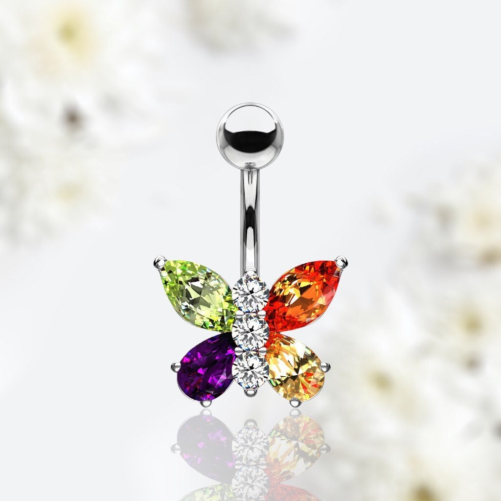 Dainty Multicolor Stone Butterfly Belly Ring. Belly Piercing. Navel Piercing. Belly Button Ring.