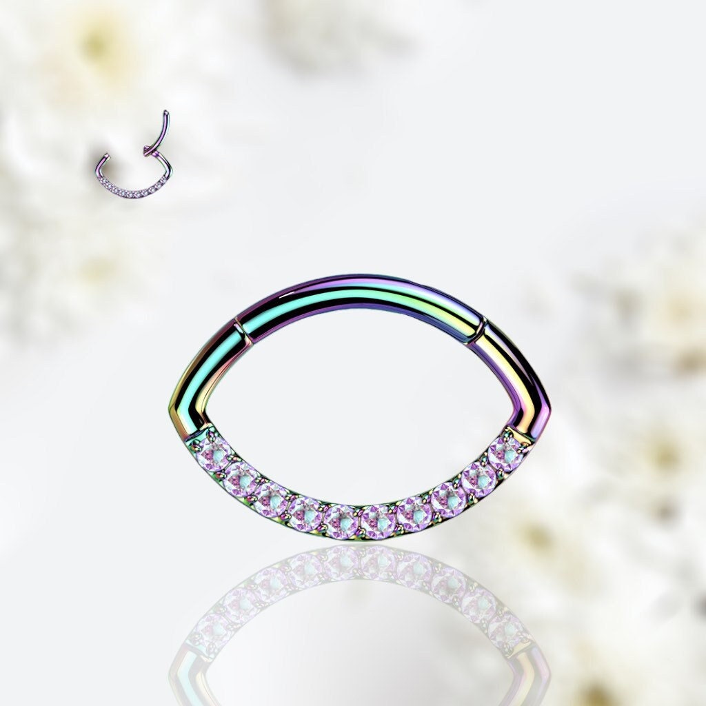 Rainbow Implant Grade Titanium Single Line Multicolor Stones Oval Hinged Septum Clicker Ring