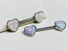 14G White Opal Hearts Nipple Barbells. Nipple Piercings. Nipple Rings. Nipple Jewelry.