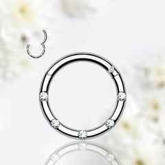 16G Silver Round Hinged Septum Clicker Ring with Multiple Clear Gems