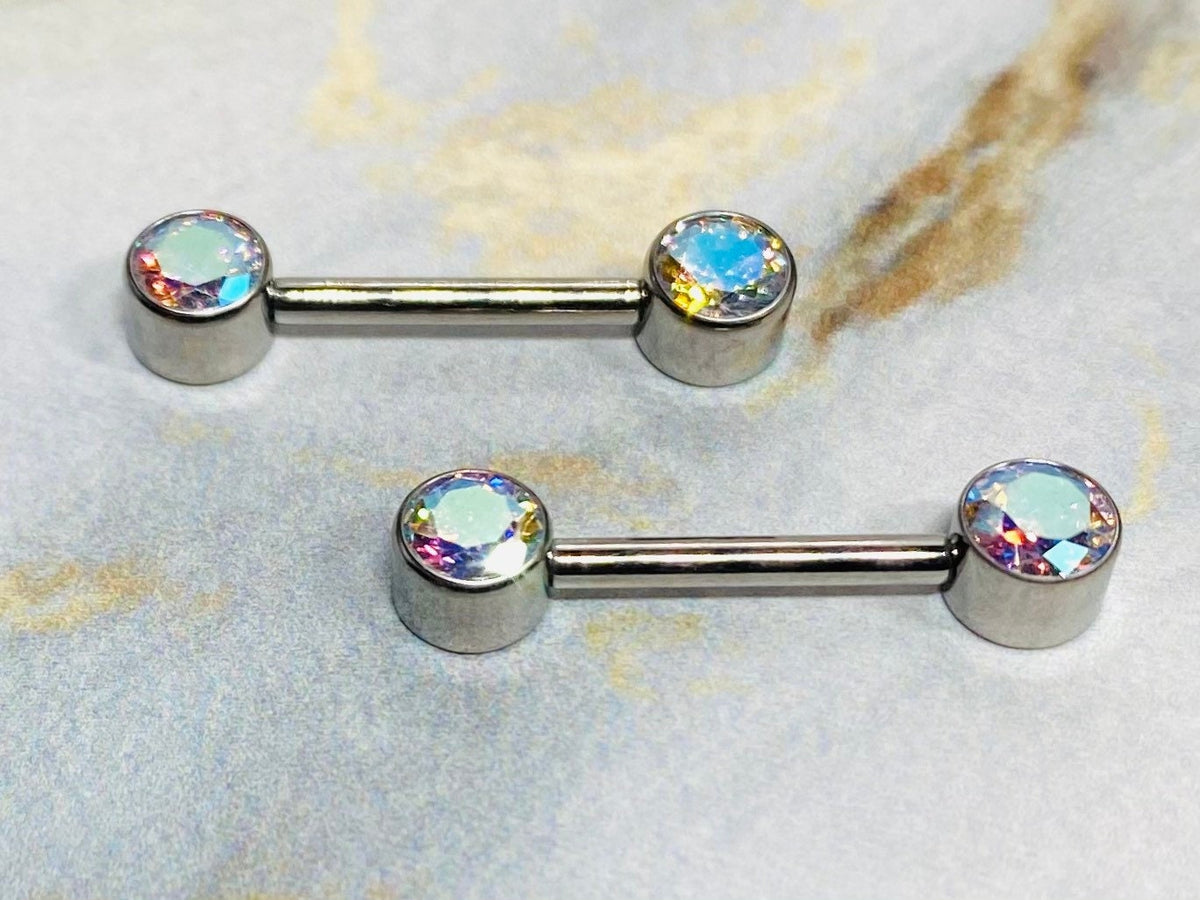 Pair of 14G Implant Grade Titanium Internally Threaded Bezel Set Iridescent Nipple Barbells. Nipple Piercing. Nipple Jewelry. Nipple Rings