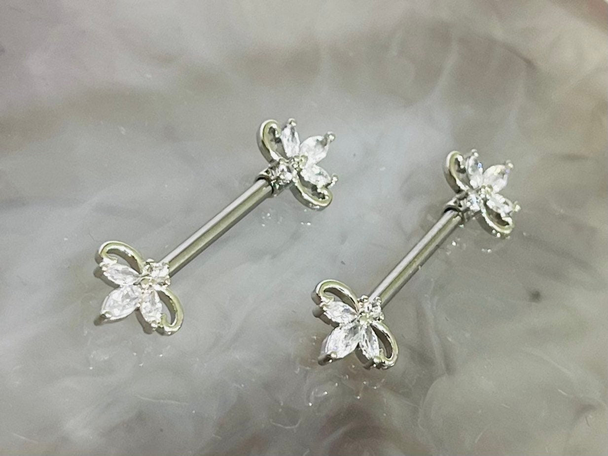 Pair of 14G Silver Clear Marquise Stones Nipple Barbell. Nipple Piercing. Nipple Rings. Nipple Jewelry.