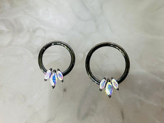 16G Black Triple Gem Iridescent Marquise Stones Seamless Hinged Septum Clicker Ring 8MM 10MM