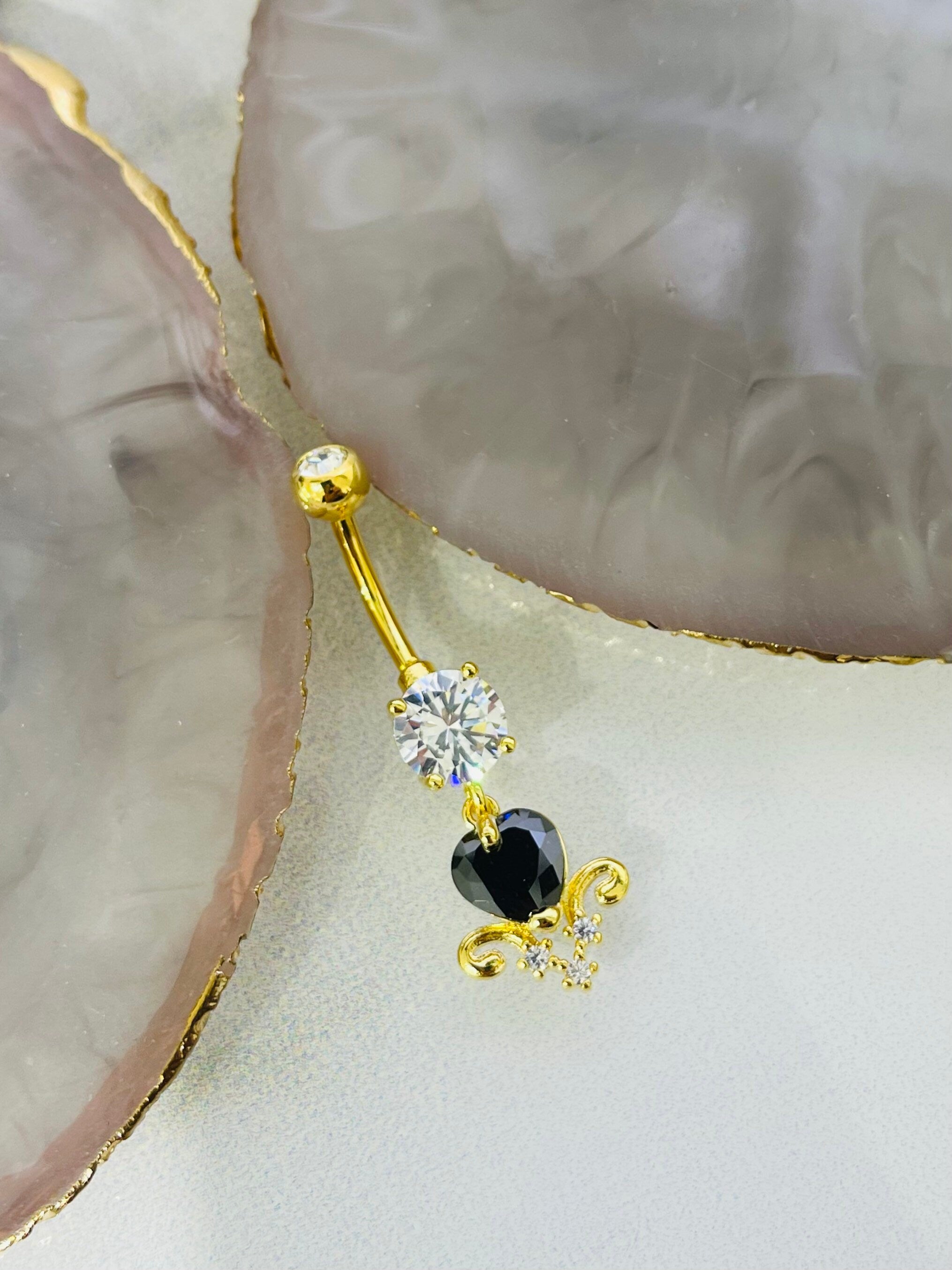 14G Gold Dangling Black Heart with Dangling Clear Stones Belly Button Ring