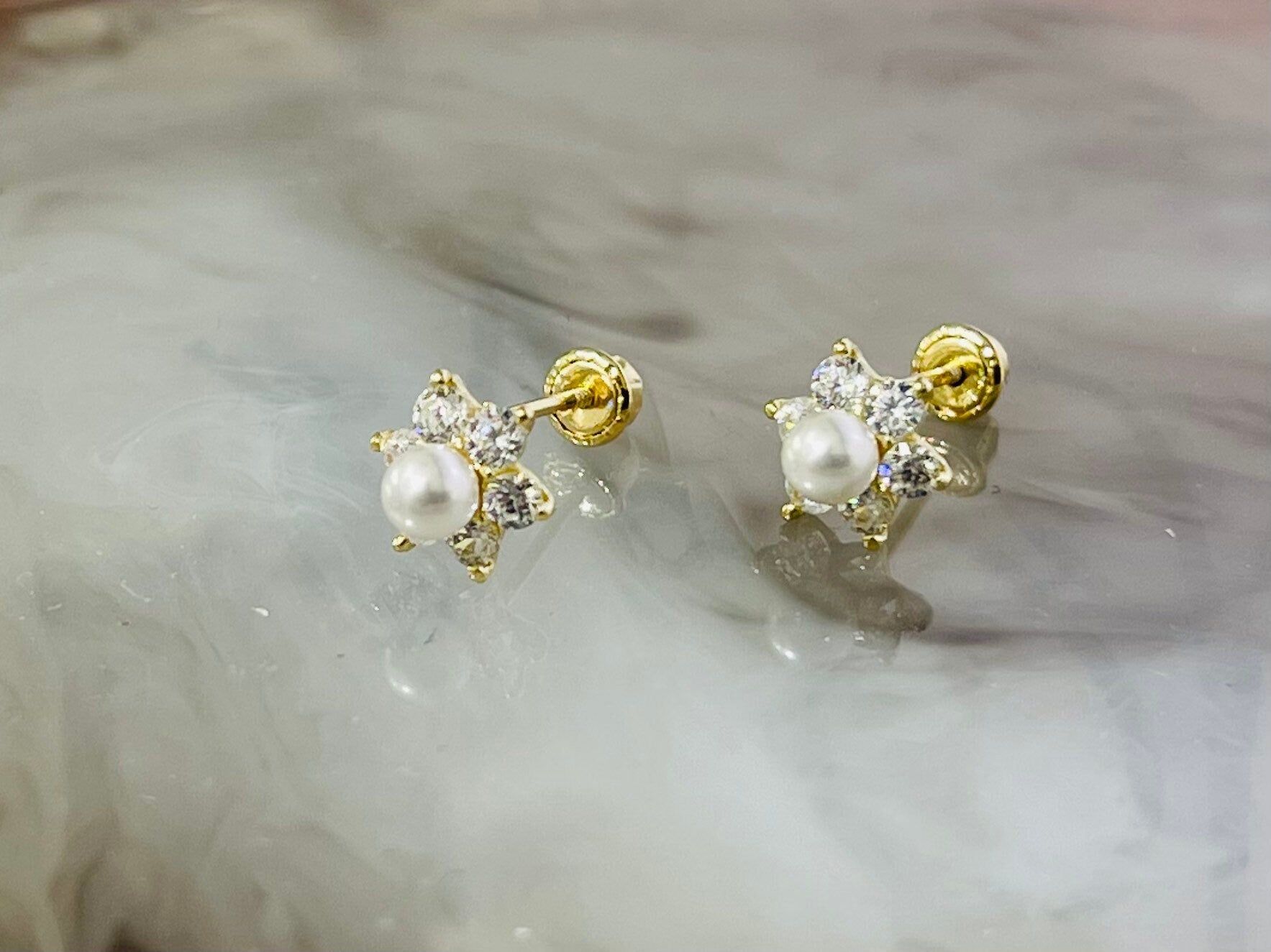 14K Real Gold White Pearl Centered Clear Stones Flower Screw Back Earrings. 14K Gold. 14K Gold Earrings.