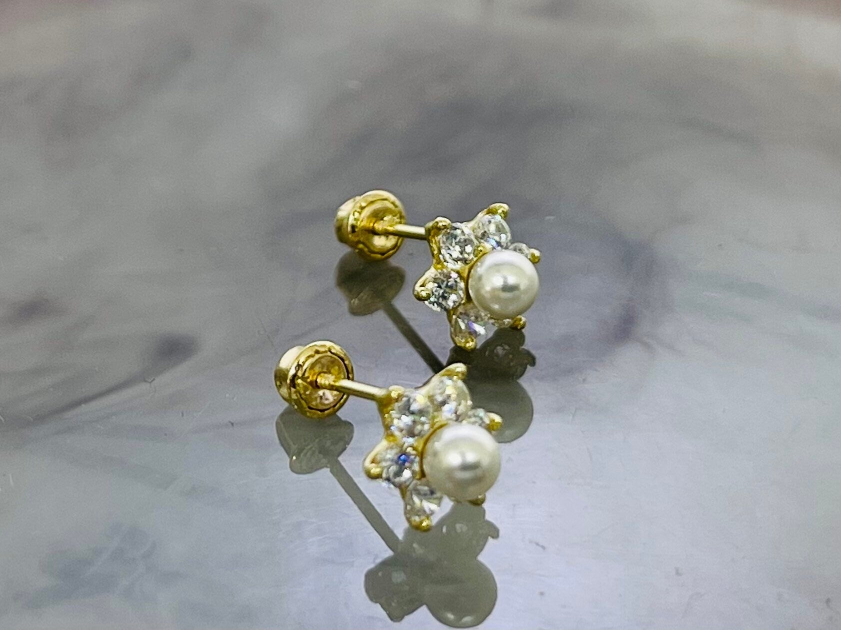 14K Real Gold White Pearl Centered Clear Stones Flower Screw Back Earrings. 14K Gold. 14K Gold Earrings.