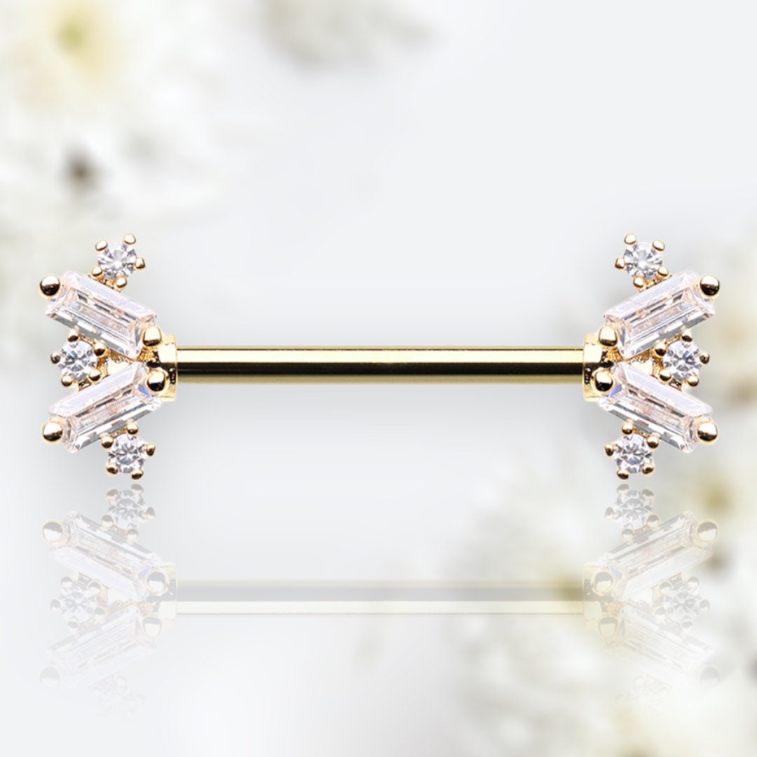 Pair of 14G Gold Sparkling Dainty Baguette Stone  Nipple Barbell. Nipple Rings. Nipple Piercing