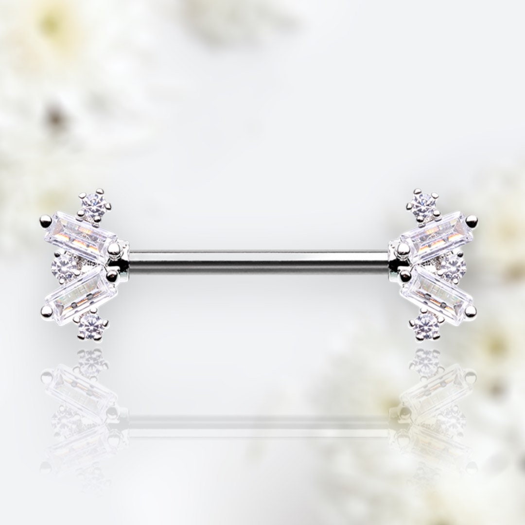 Pair of 14G Silver Sparkling Dainty Baguette Stone  Nipple Barbell. Nipple Rings. Nipple Piercing