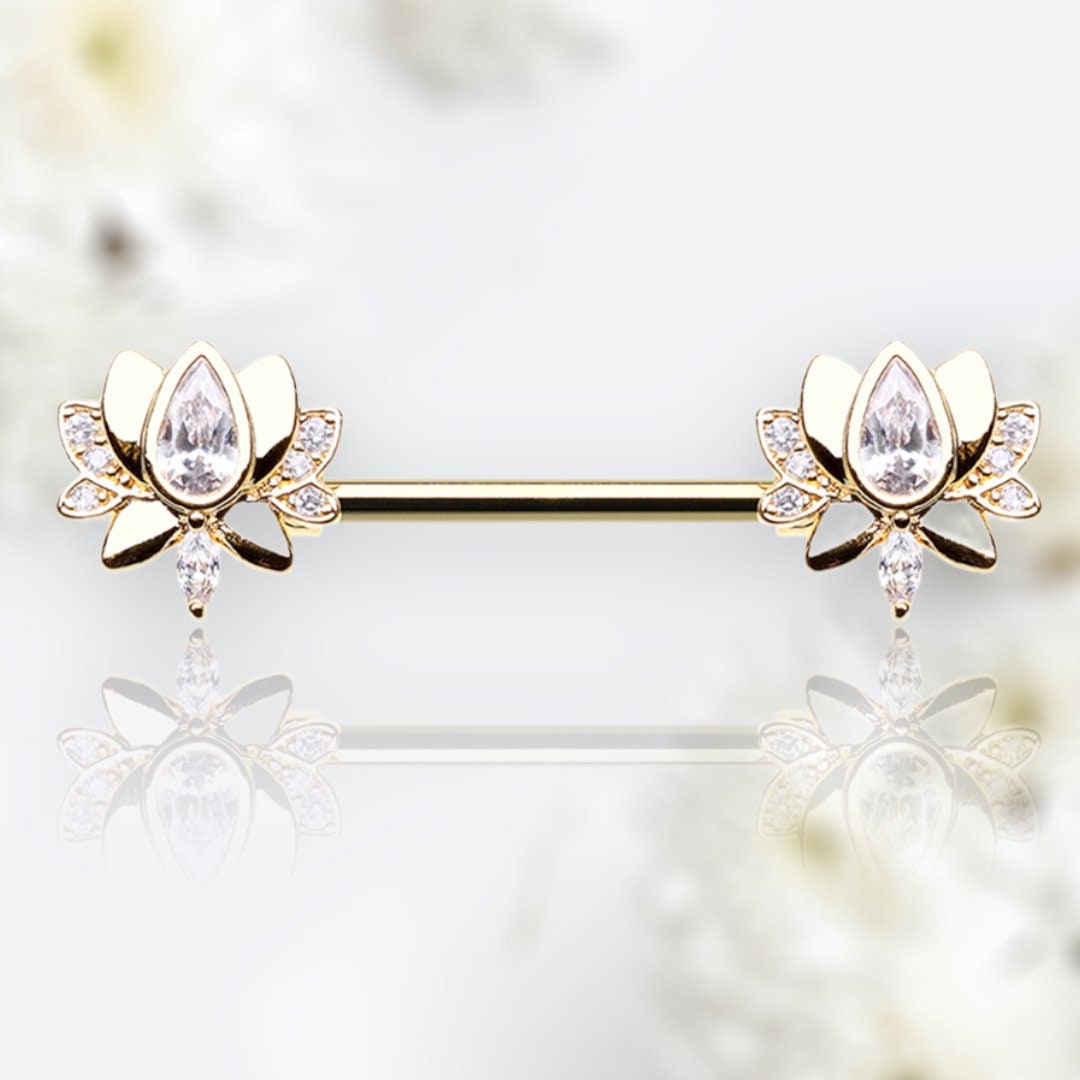 Pair of 14G Gold Blooming Lotus Nipple Barbell. Nipple Rings. Nipple Jewelry