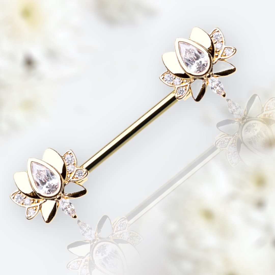 Pair of 14G Gold Blooming Lotus Nipple Barbell. Nipple Rings. Nipple Jewelry